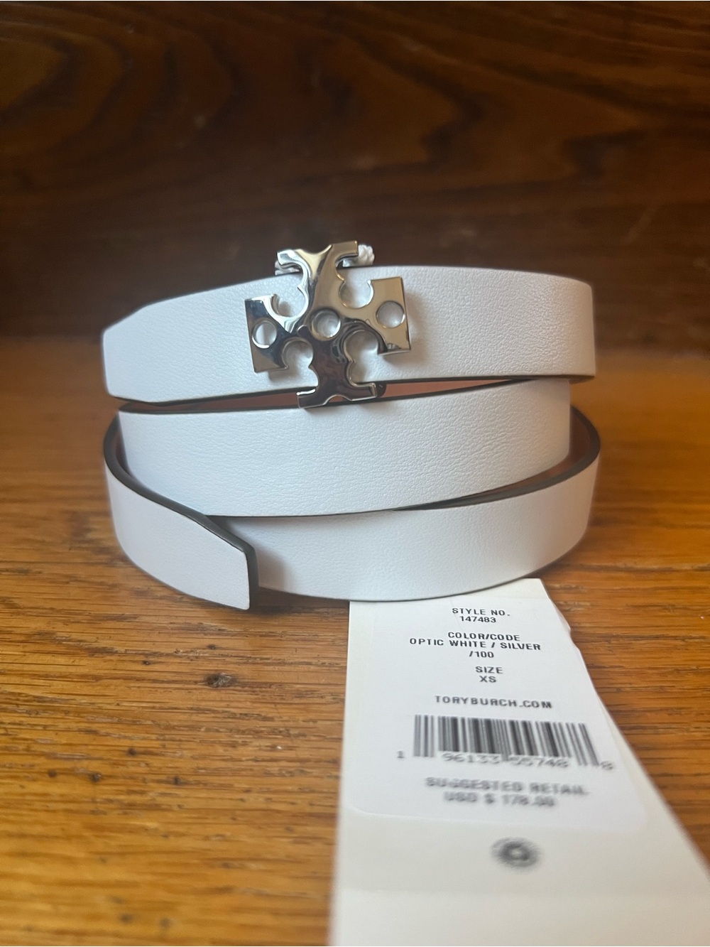 SALE Tory Burch Optic White with Silver Logo Leather Belt in Size: XS